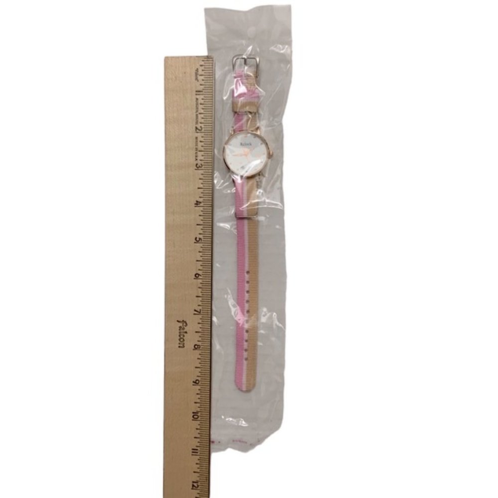 Watch Women’s Analog Round  Adjustable Preppy Stripe Canvas Band Pink Tan - Picture 4 of 12